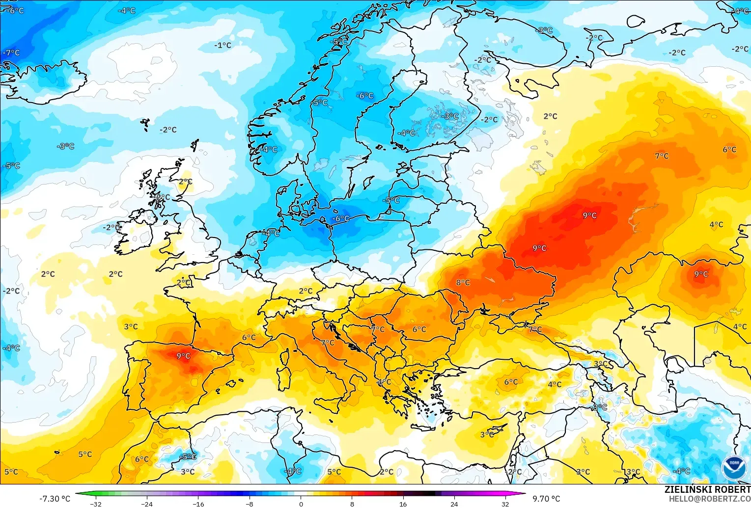 GFS model - Eropah, Anomali Suhu 850 hPa