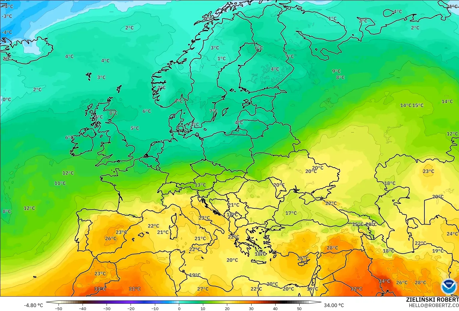 GFS model - Eropah, Suhu 850 hPa