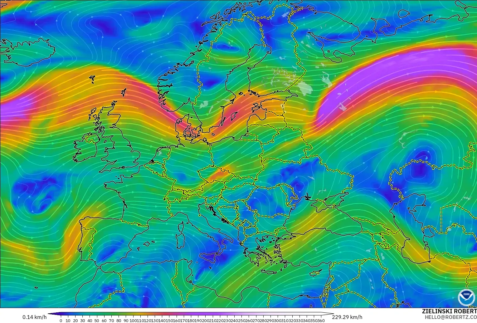 GFS model - Eropah, Angin 300 hPa (aliran jet)