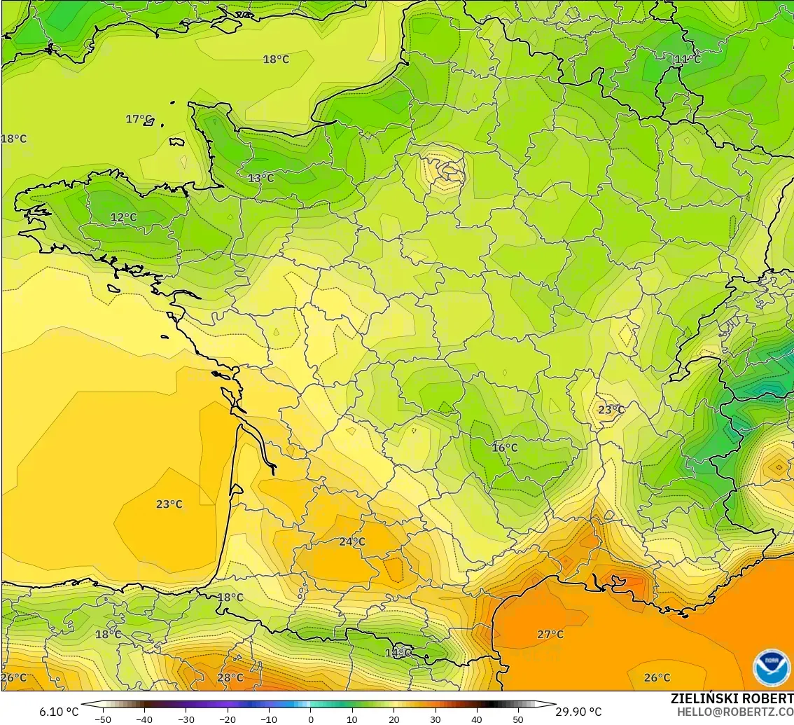 GFS model - Perancis, Suhu pada 2 m