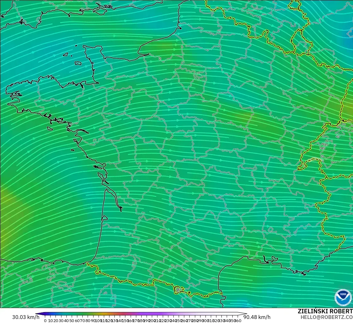 GFS model - Perancis, Angin 300 hPa (aliran jet)