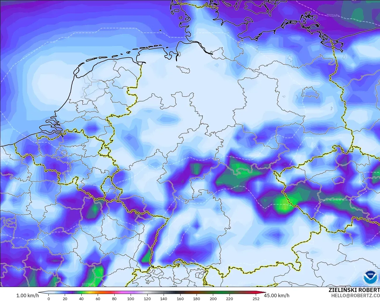 GFS model - Jerman, Hembusan Tertinggi