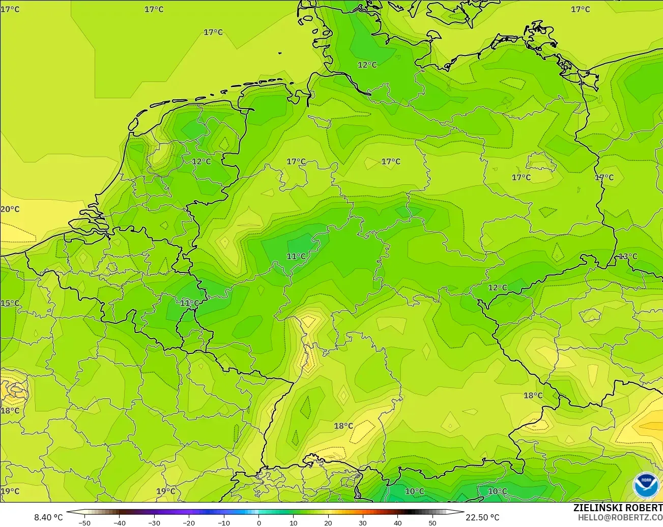 GFS model - Jerman, Suhu pada 2 m