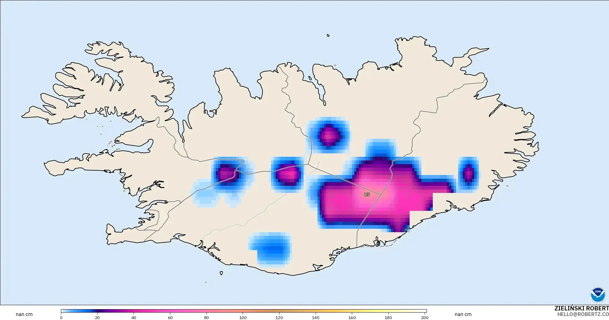 GFS model - Iceland, Ketebalan Salji