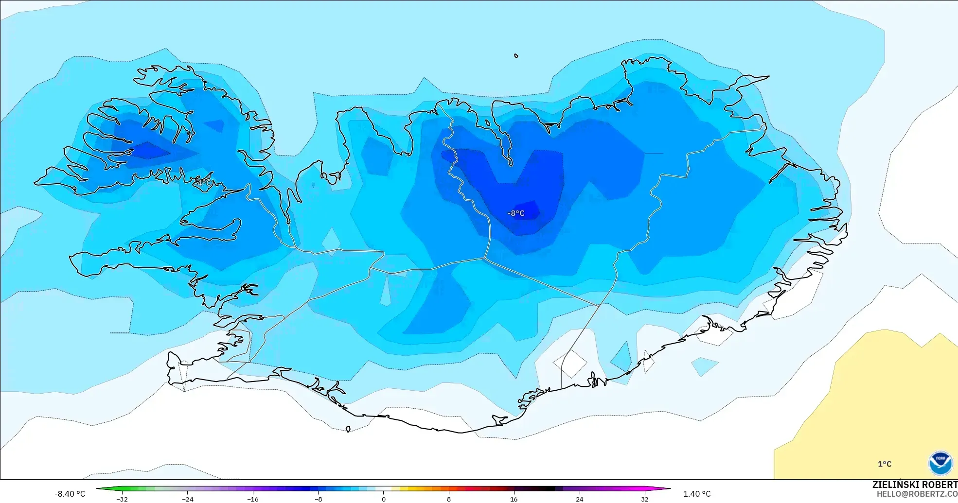 GFS model - Iceland, Anomali Suhu 2 m