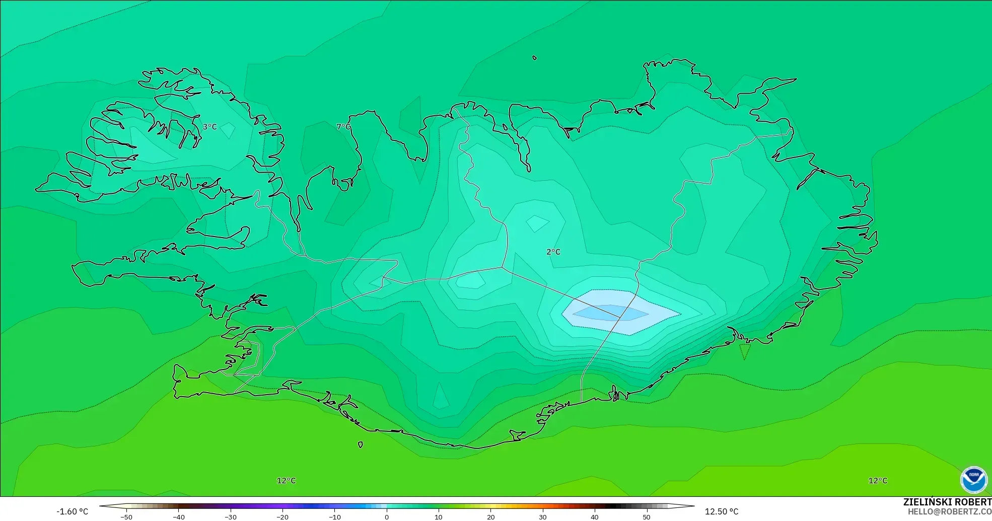 GFS model - Iceland, Suhu pada 2 m