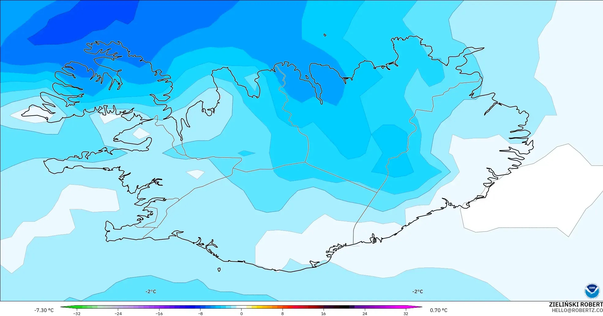 GFS model - Iceland, Anomali Suhu 850 hPa