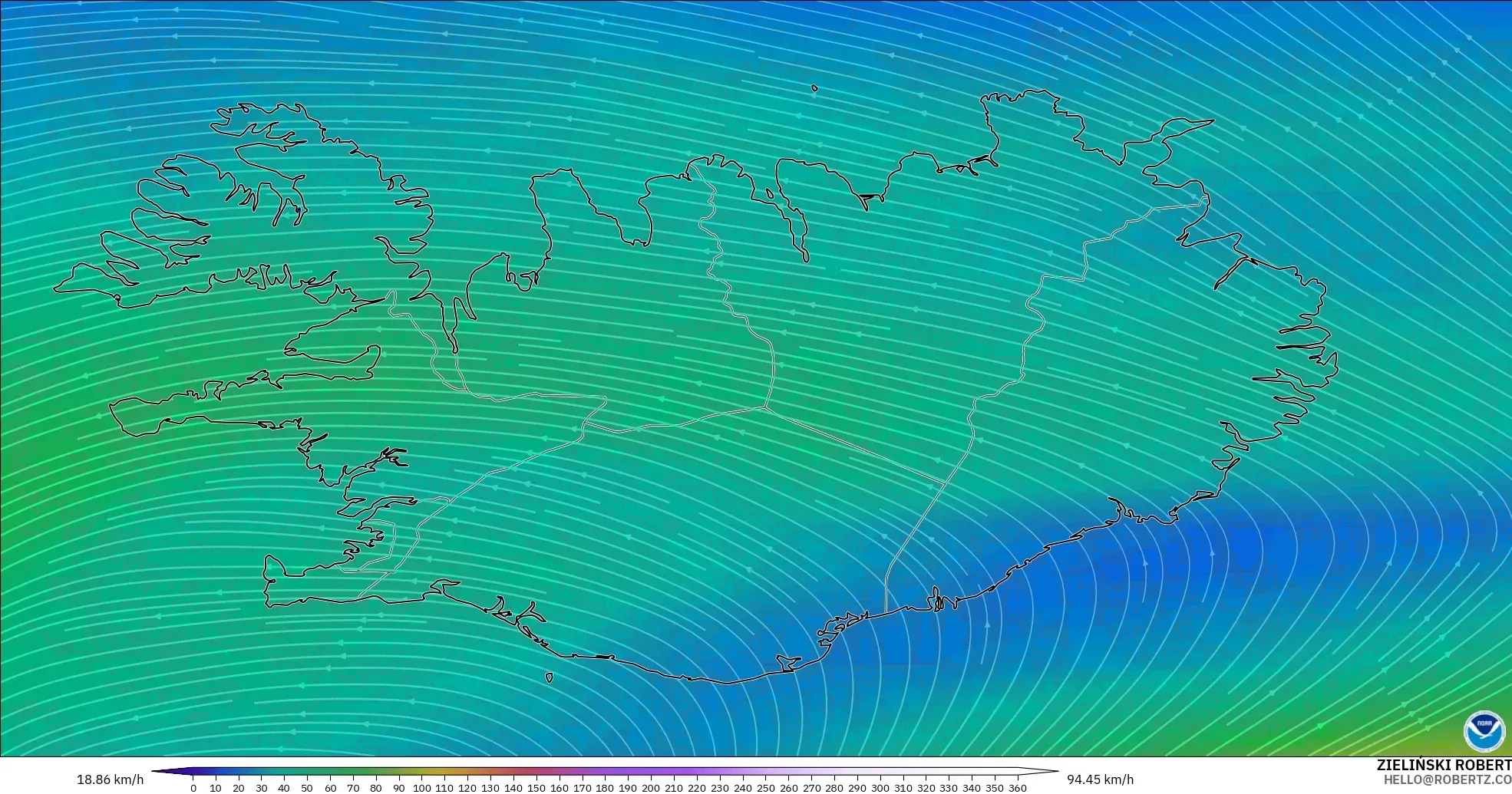 GFS model - Iceland, Angin 300 hPa (aliran jet)