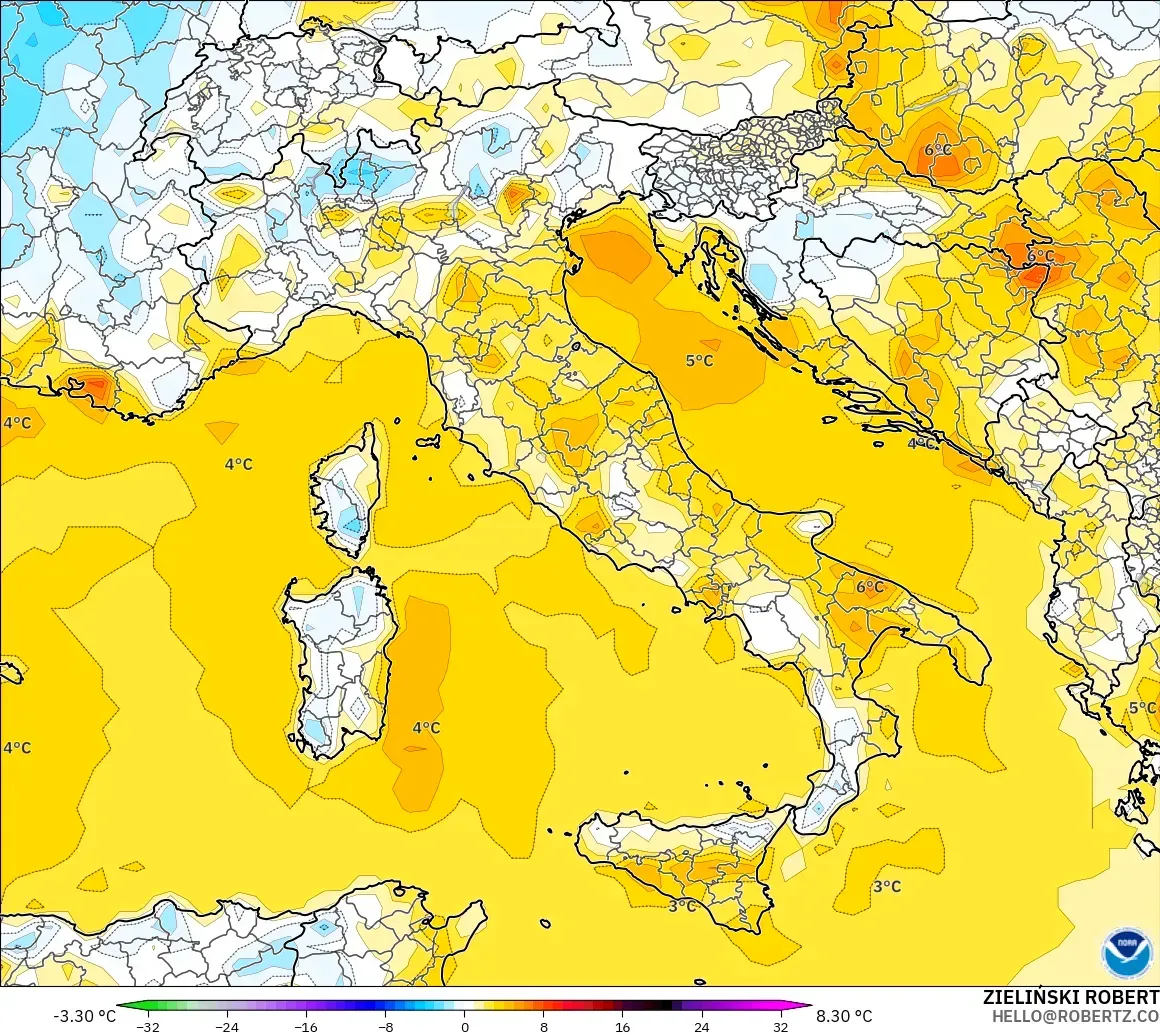GFS model - Itali, Anomali Suhu 2 m