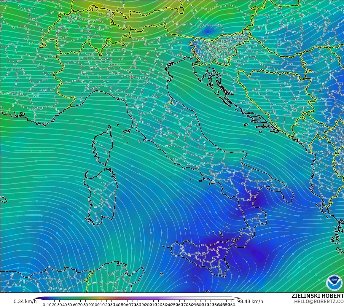 GFS model - Itali, Angin 300 hPa (aliran jet)