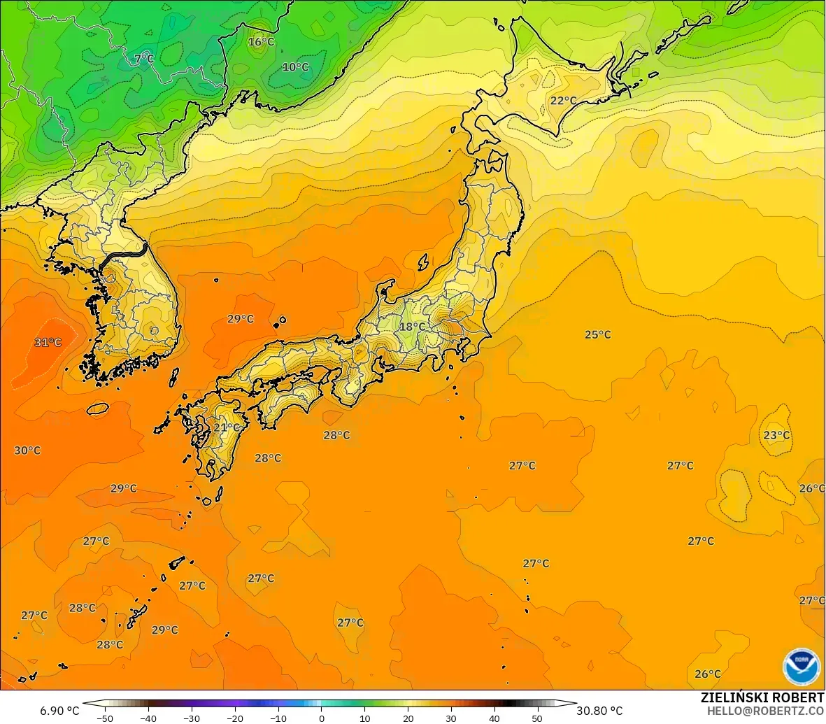GFS model - Jepun, Suhu pada 2 m