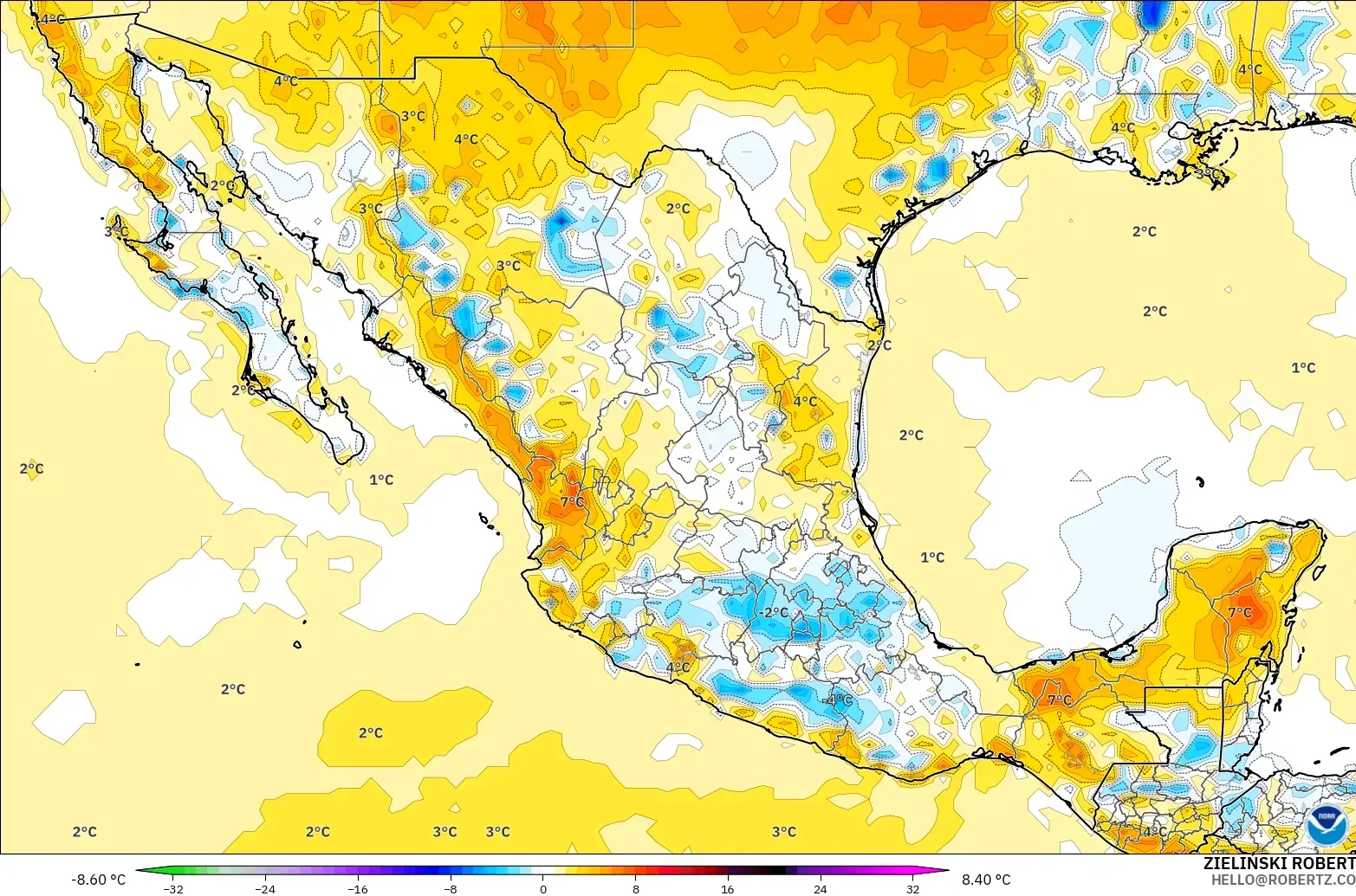 GFS model - Mexico, Anomali Suhu 2 m