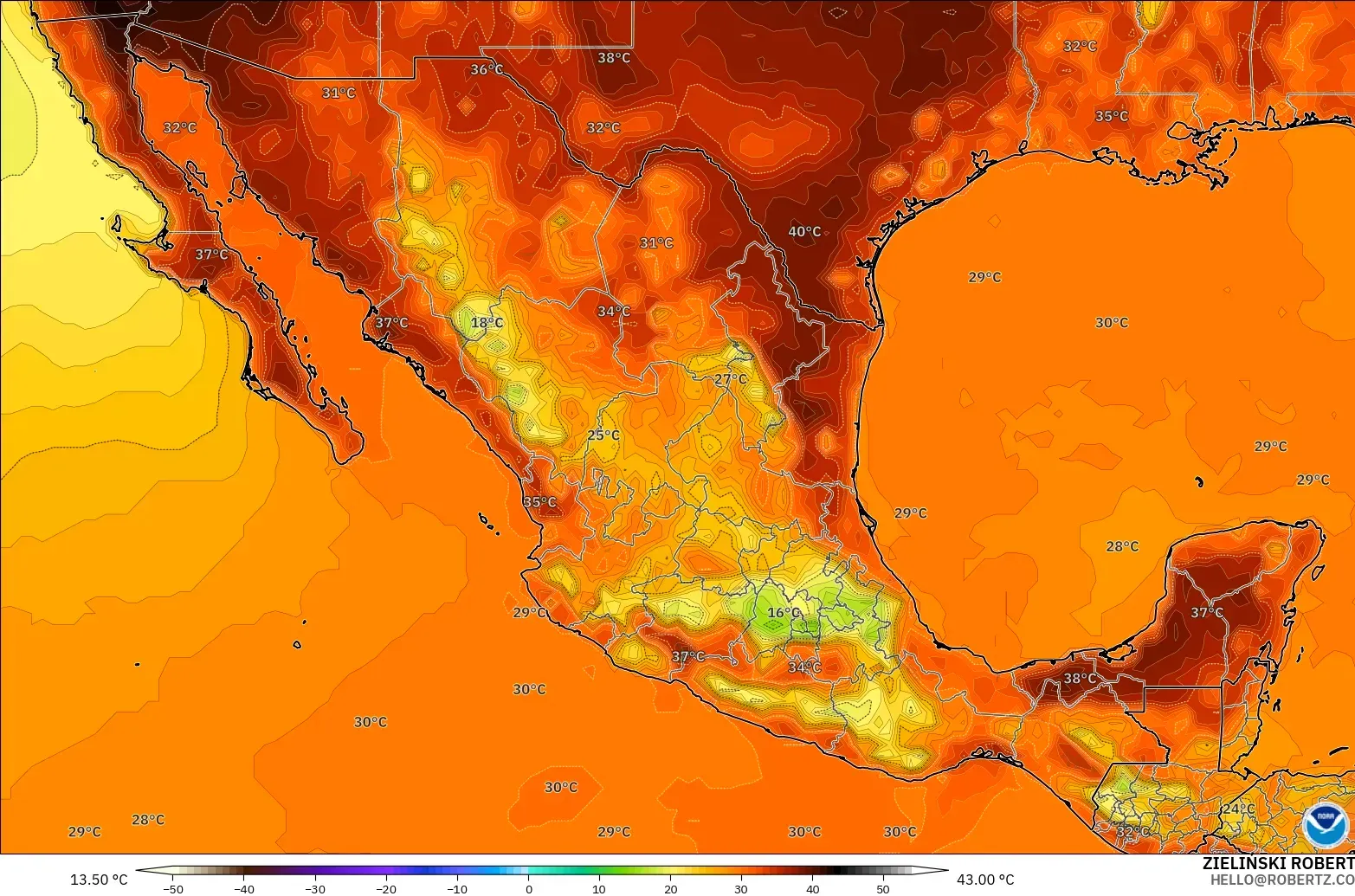 GFS model - Mexico, Suhu pada 2 m