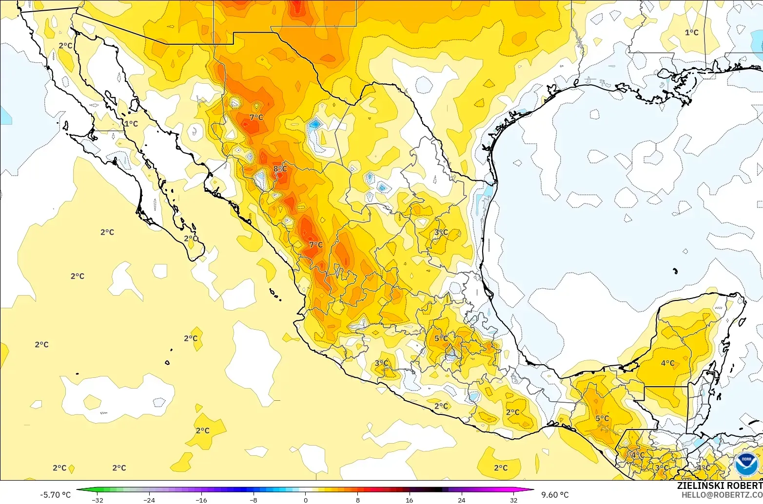 GFS model - Mexico, Anomali Suhu 850 hPa