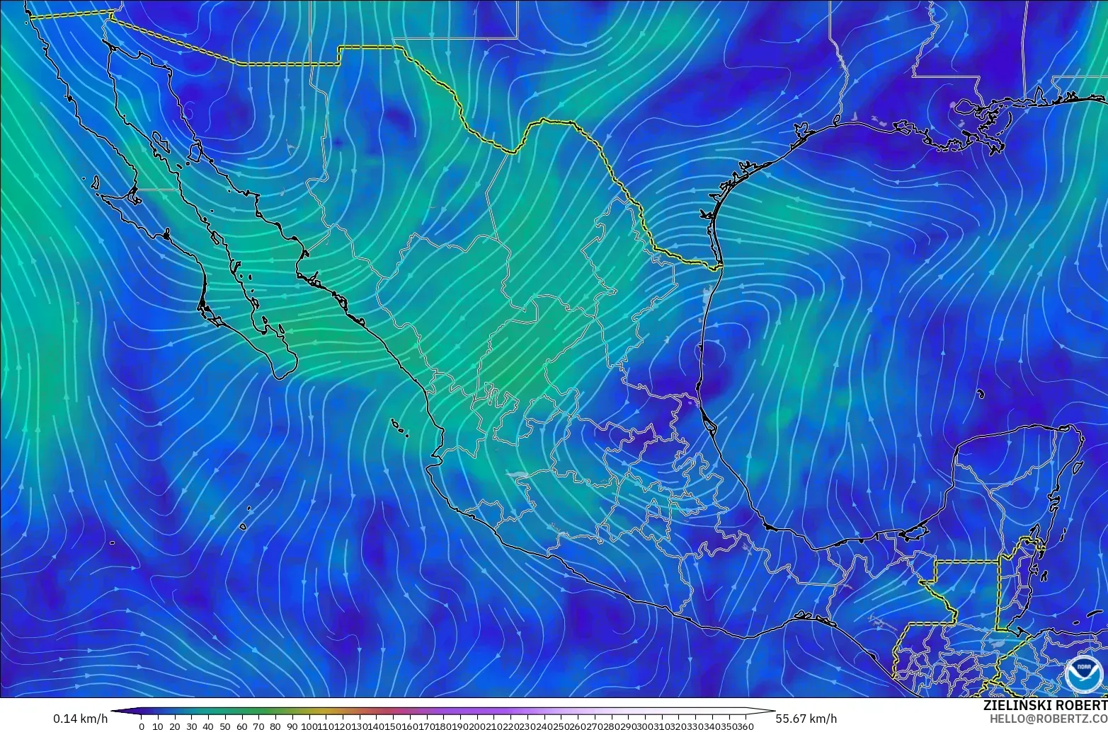 GFS model - Mexico, Angin 300 hPa (aliran jet)
