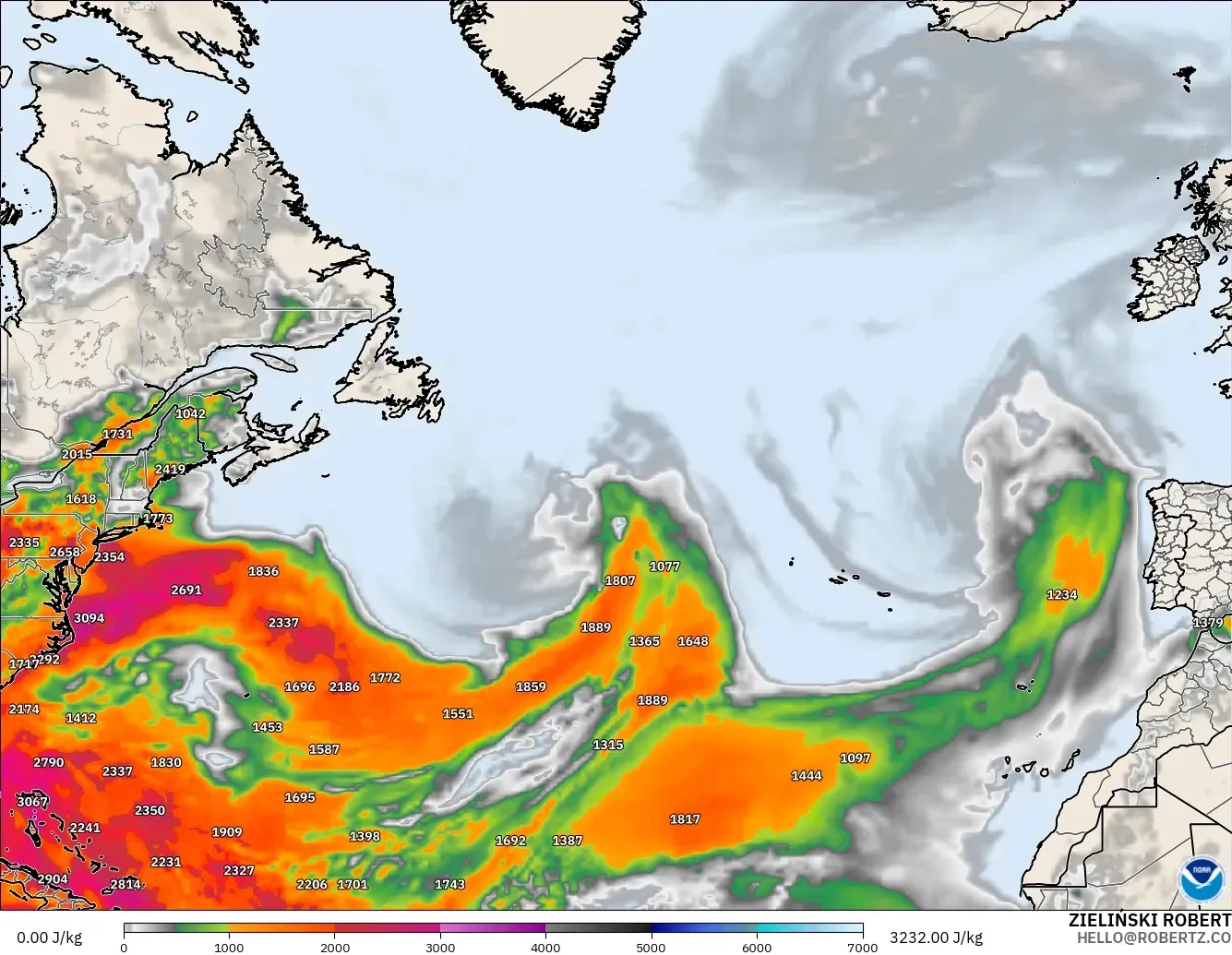 GFS model - Atlantik Utara, CAPE