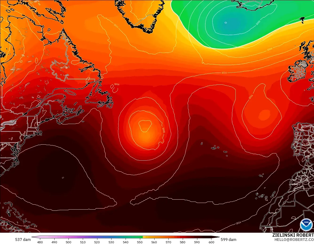 GFS model - Atlantik Utara, Ketinggian geopotensial pada 500 hPa