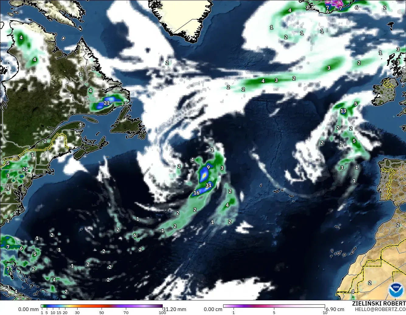 GFS model - Atlantik Utara, Hujan, Awan dan Tekanan