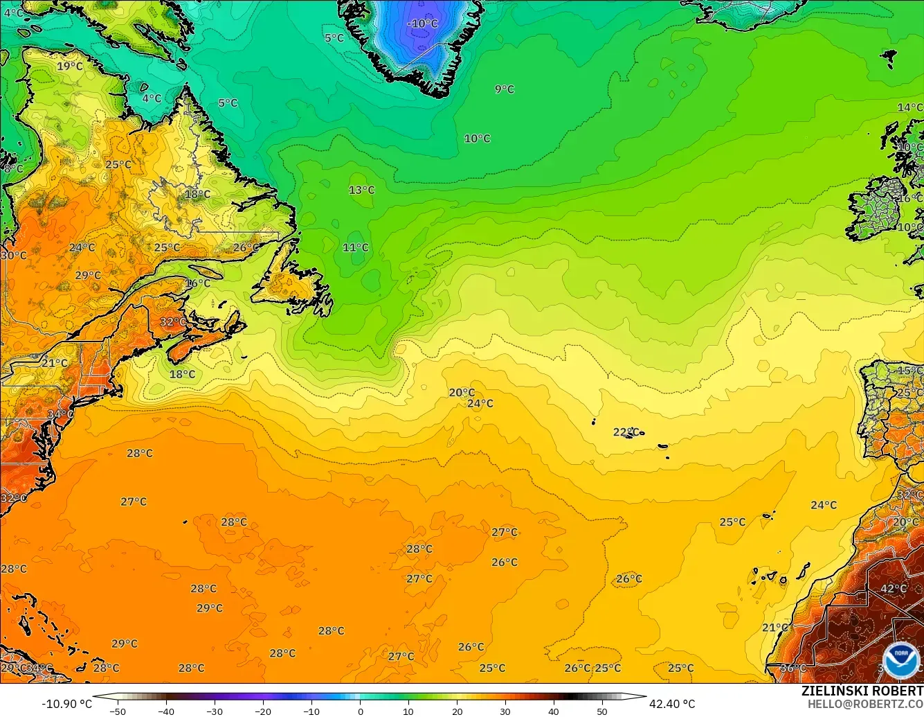 GFS model - Atlantik Utara, Suhu pada 2 m