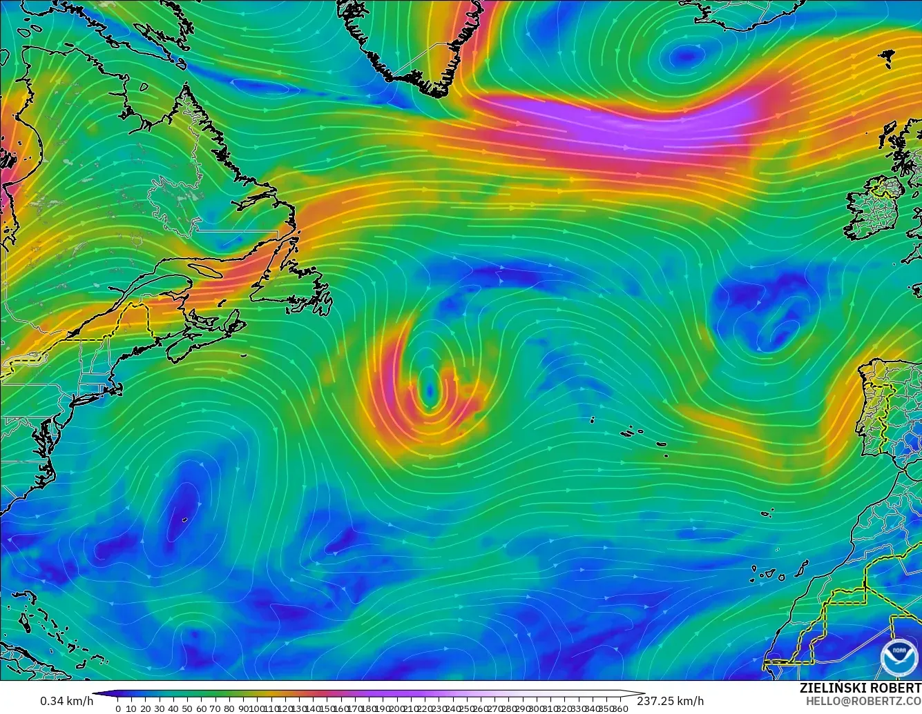 GFS model - Atlantik Utara, Angin 300 hPa (aliran jet)