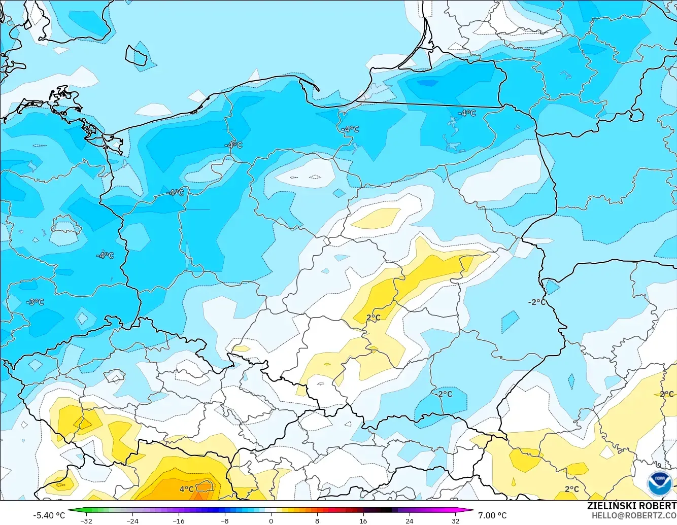 GFS model - Poland, Anomali Suhu 2 m