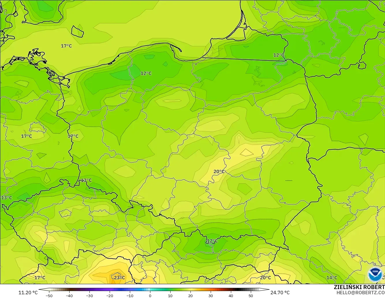 GFS model - Poland, Suhu pada 2 m