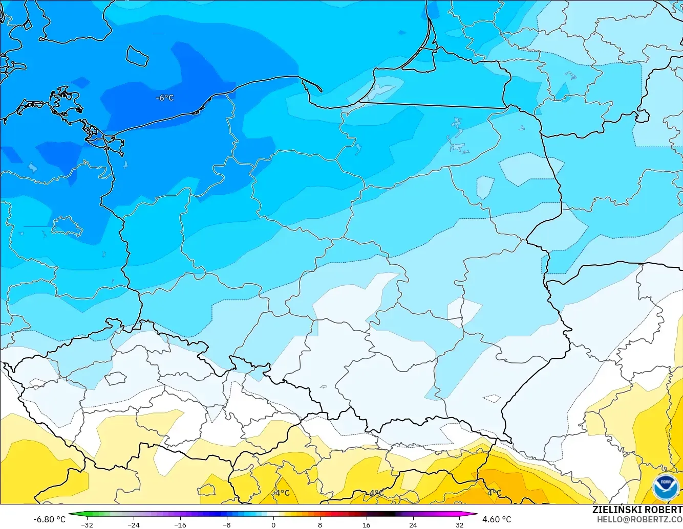 GFS model - Poland, Anomali Suhu 850 hPa
