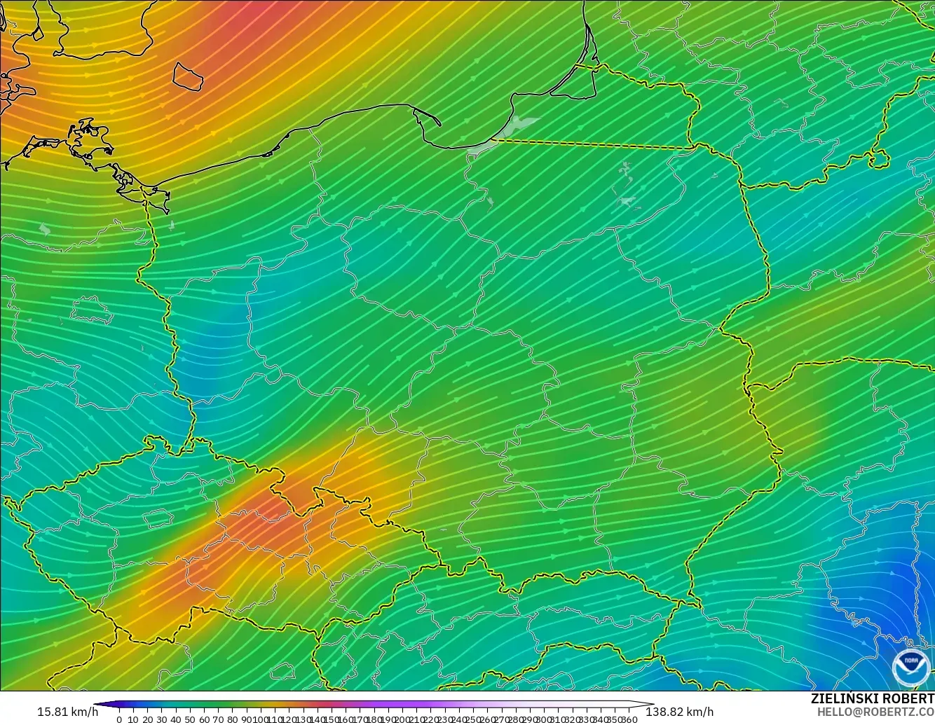 GFS model - Poland, Angin 300 hPa (aliran jet)