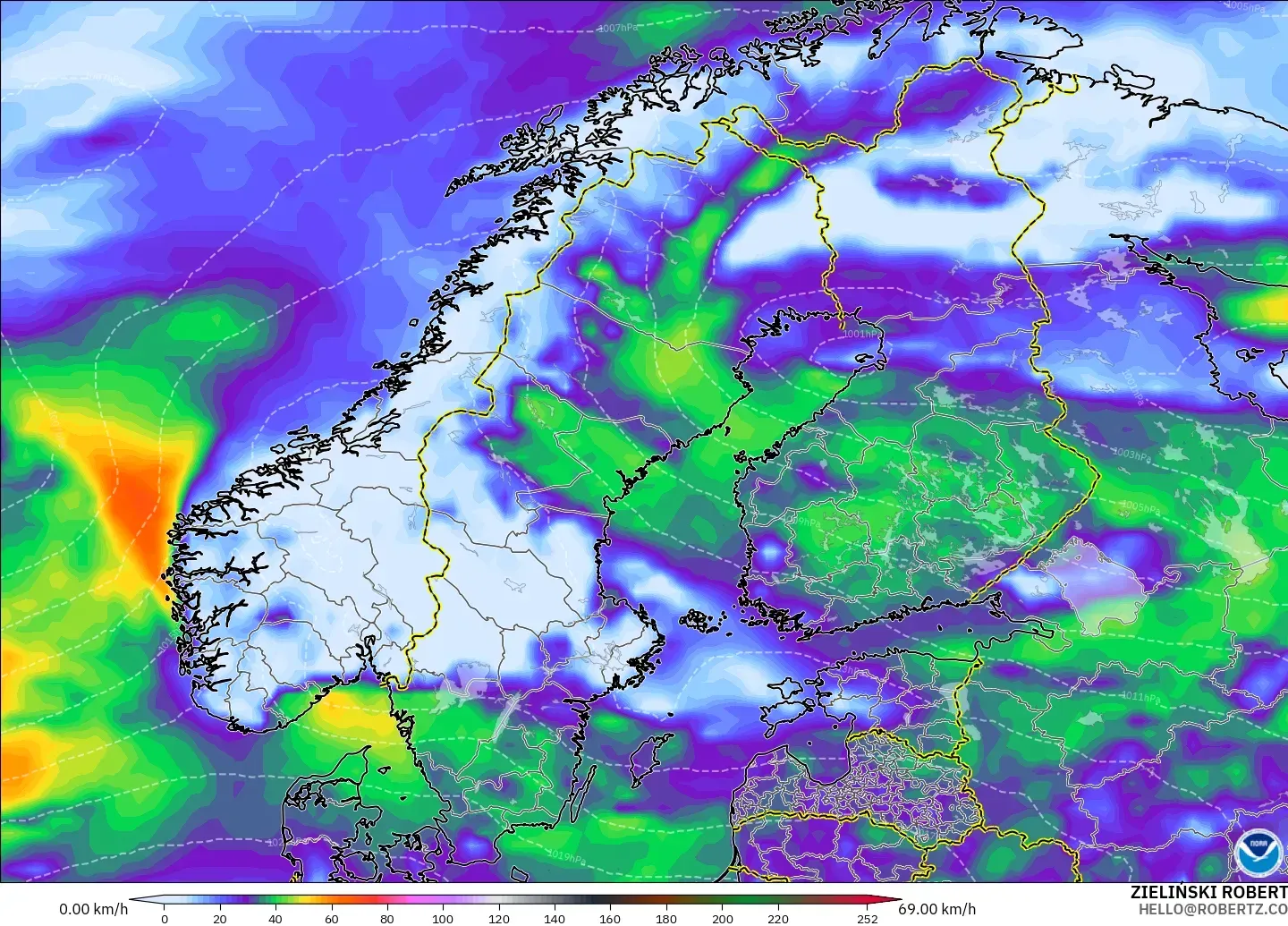GFS model - Skandinavia, Hembusan Tertinggi