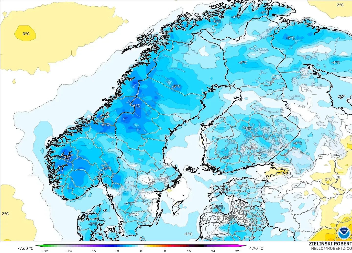 GFS model - Skandinavia, Anomali Suhu 2 m