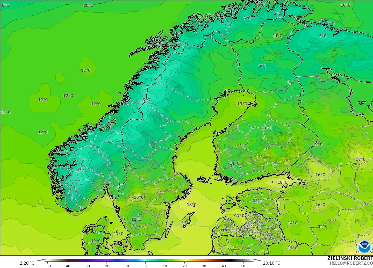 GFS model - Skandinavia, Suhu pada 2 m