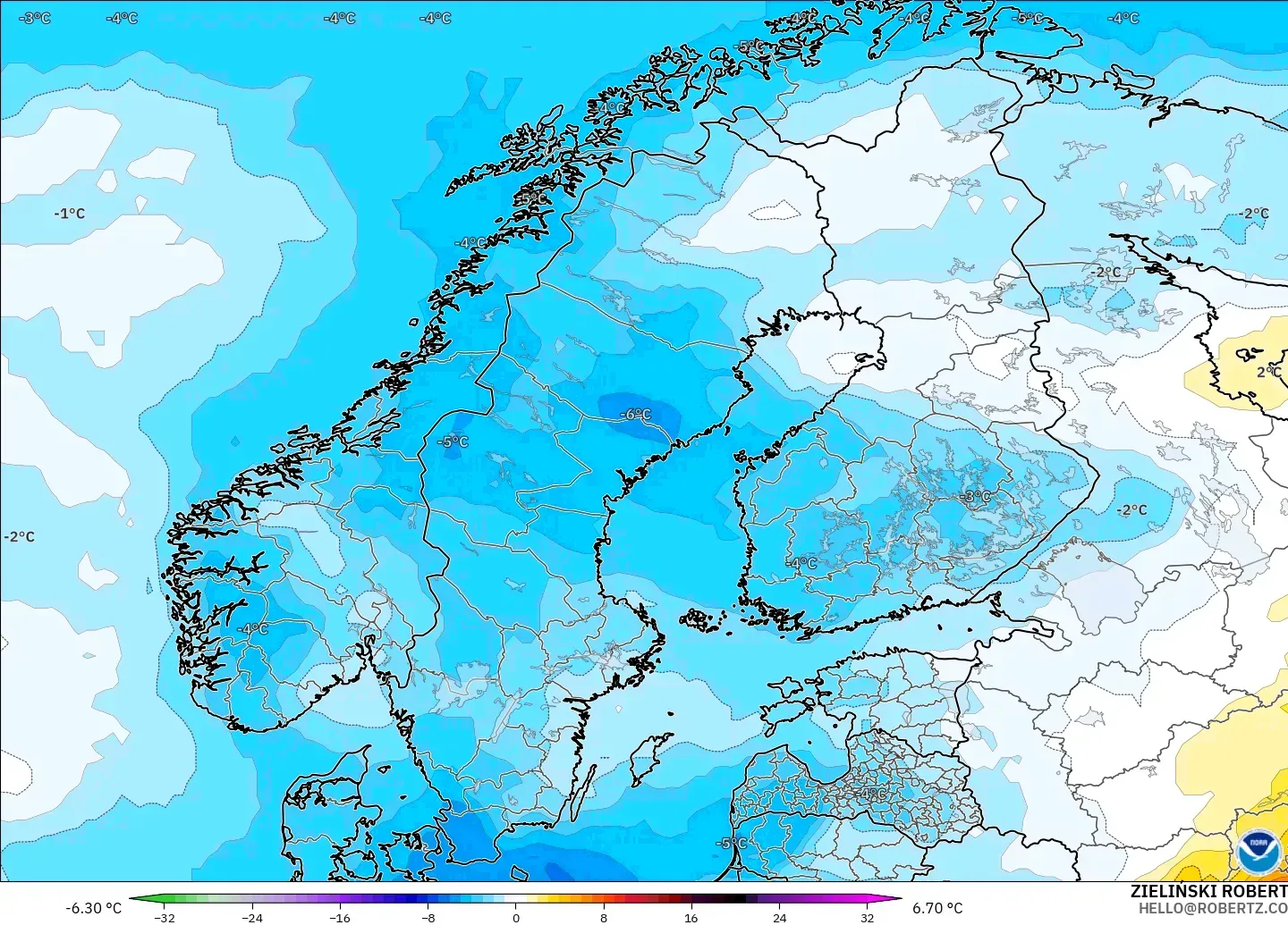 GFS model - Skandinavia, Anomali Suhu 850 hPa