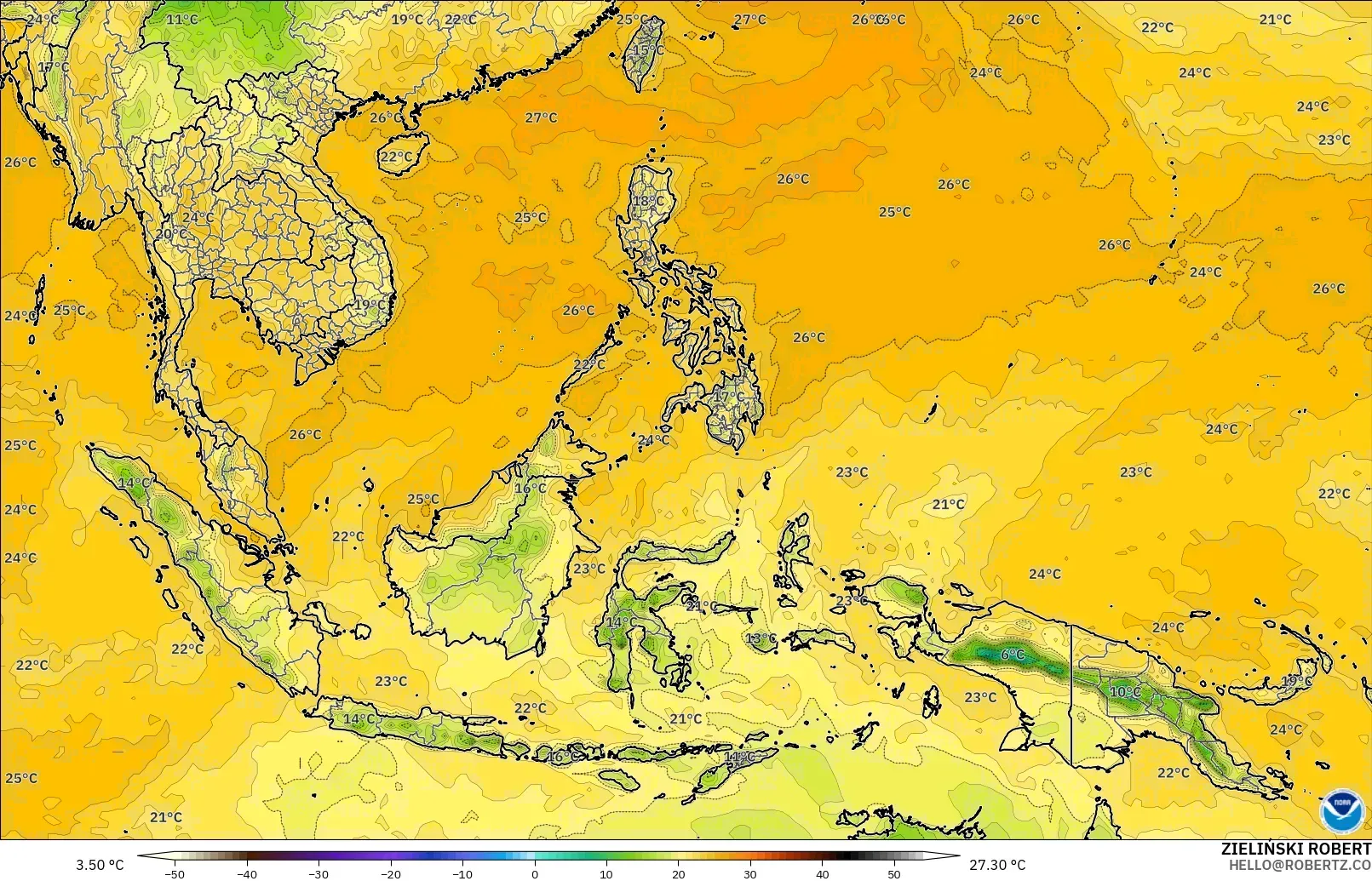 GFS model - Asia Tenggara, Takat Embun 2 m