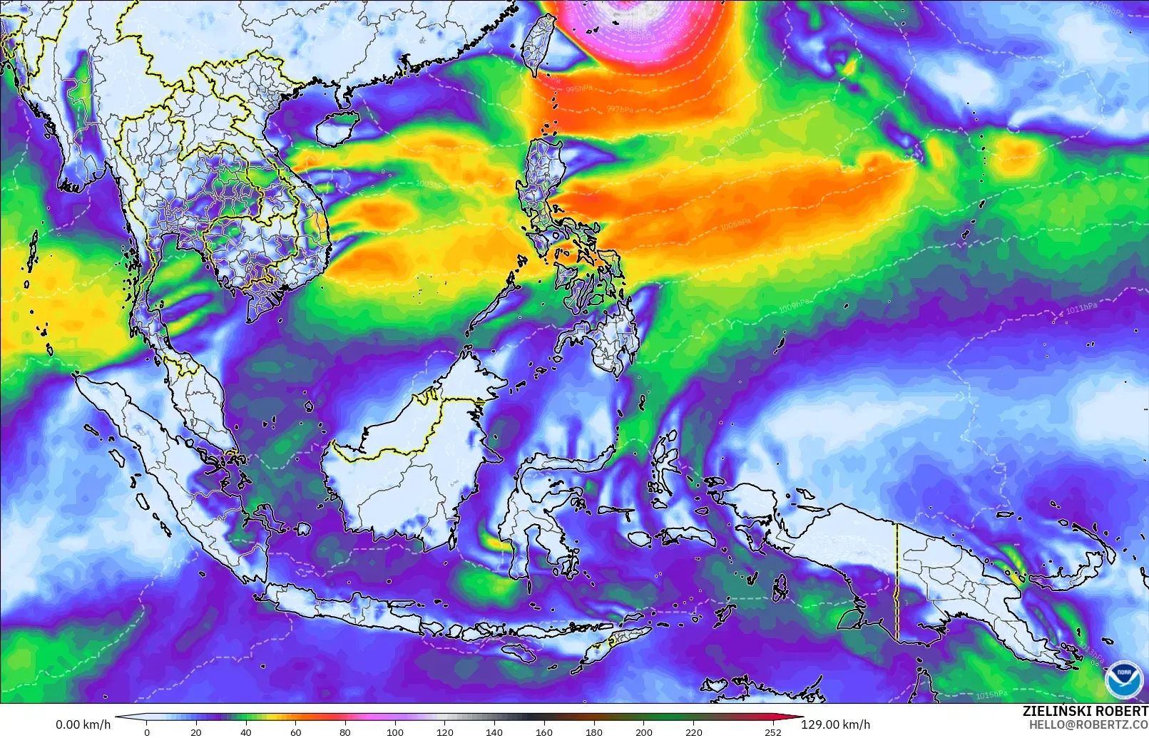 GFS model - Asia Tenggara, Hembusan Tertinggi