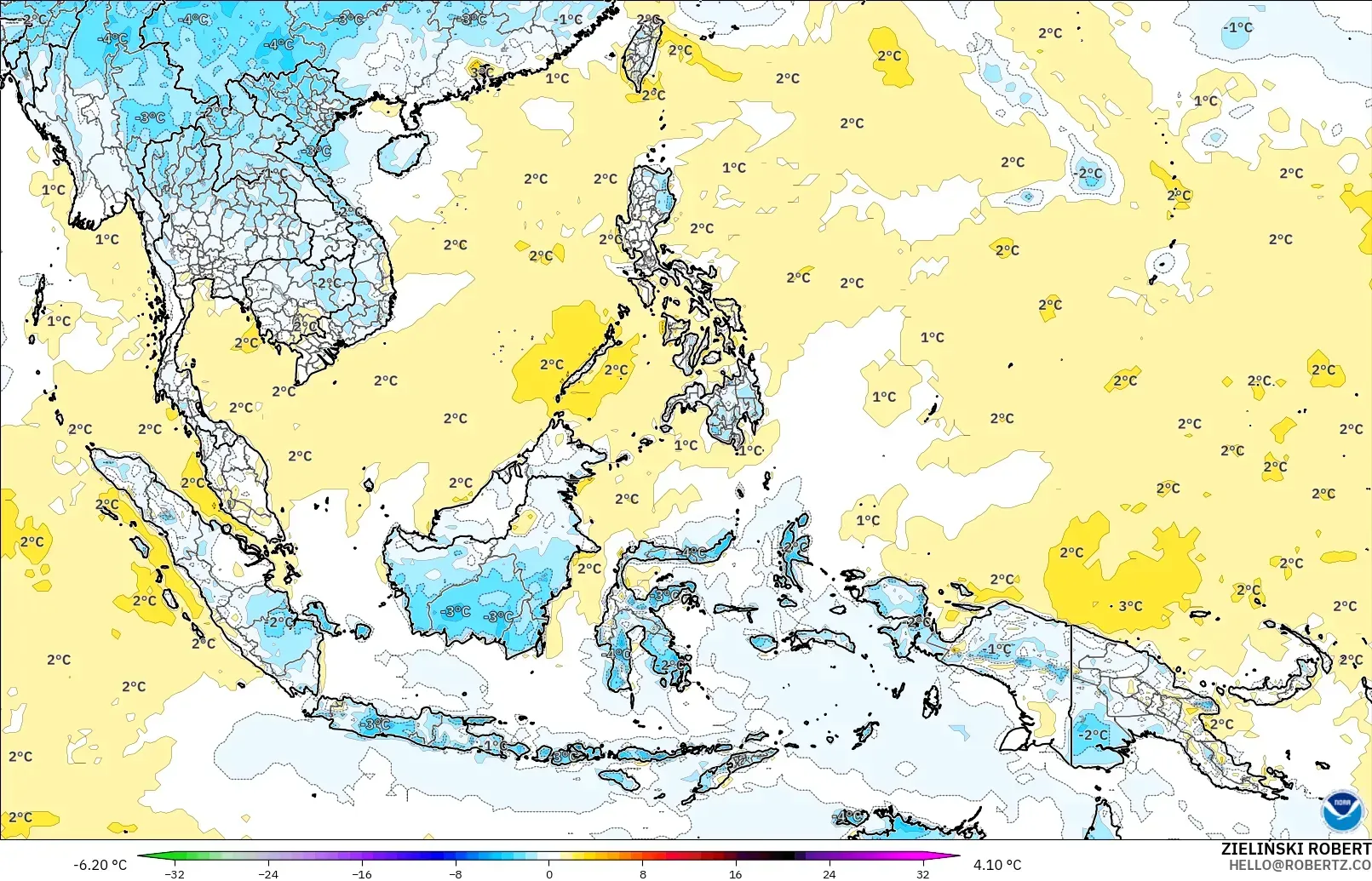 GFS model - Asia Tenggara, Anomali Suhu 2 m