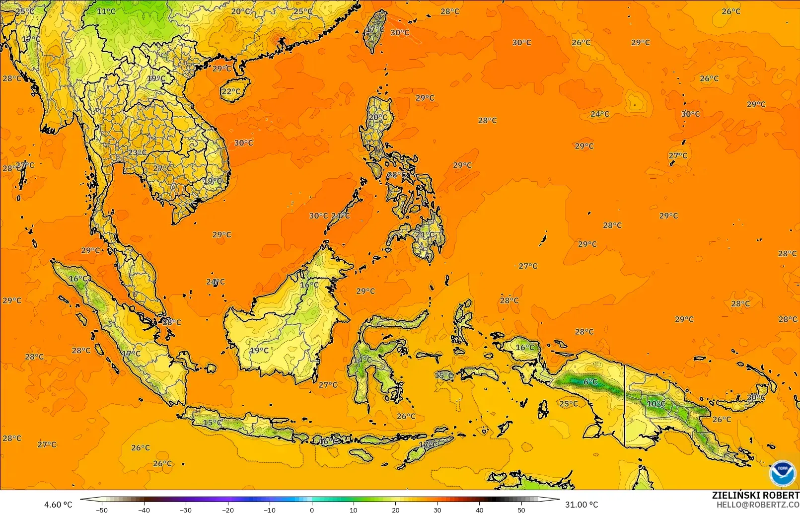 GFS model - Asia Tenggara, Suhu pada 2 m
