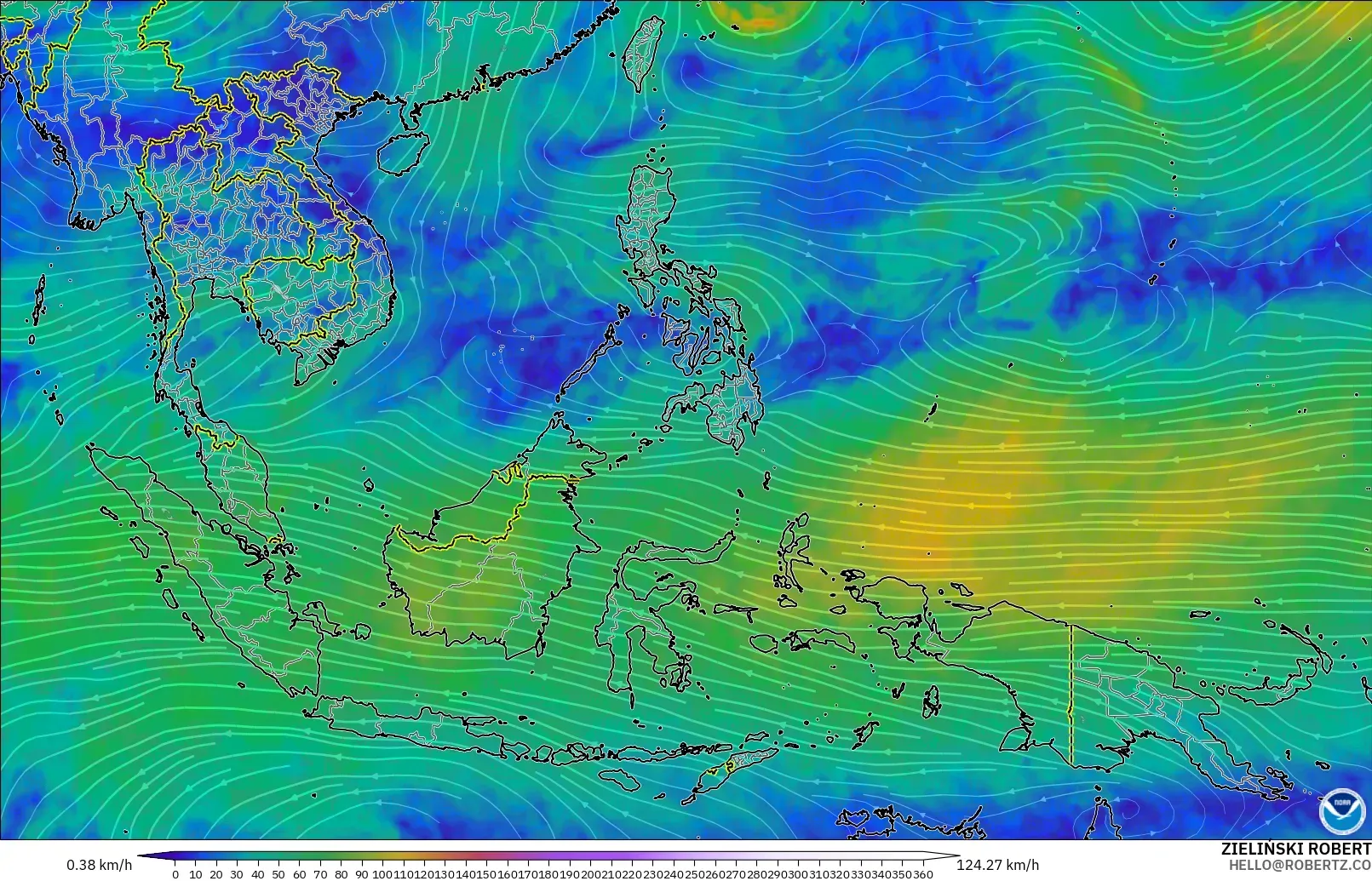 GFS model - Asia Tenggara, Angin 300 hPa (aliran jet)