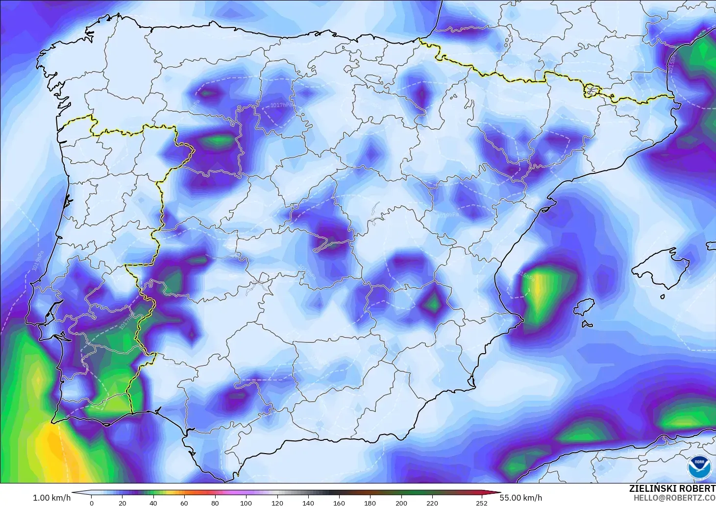 GFS model - Sepanyol, Hembusan Tertinggi