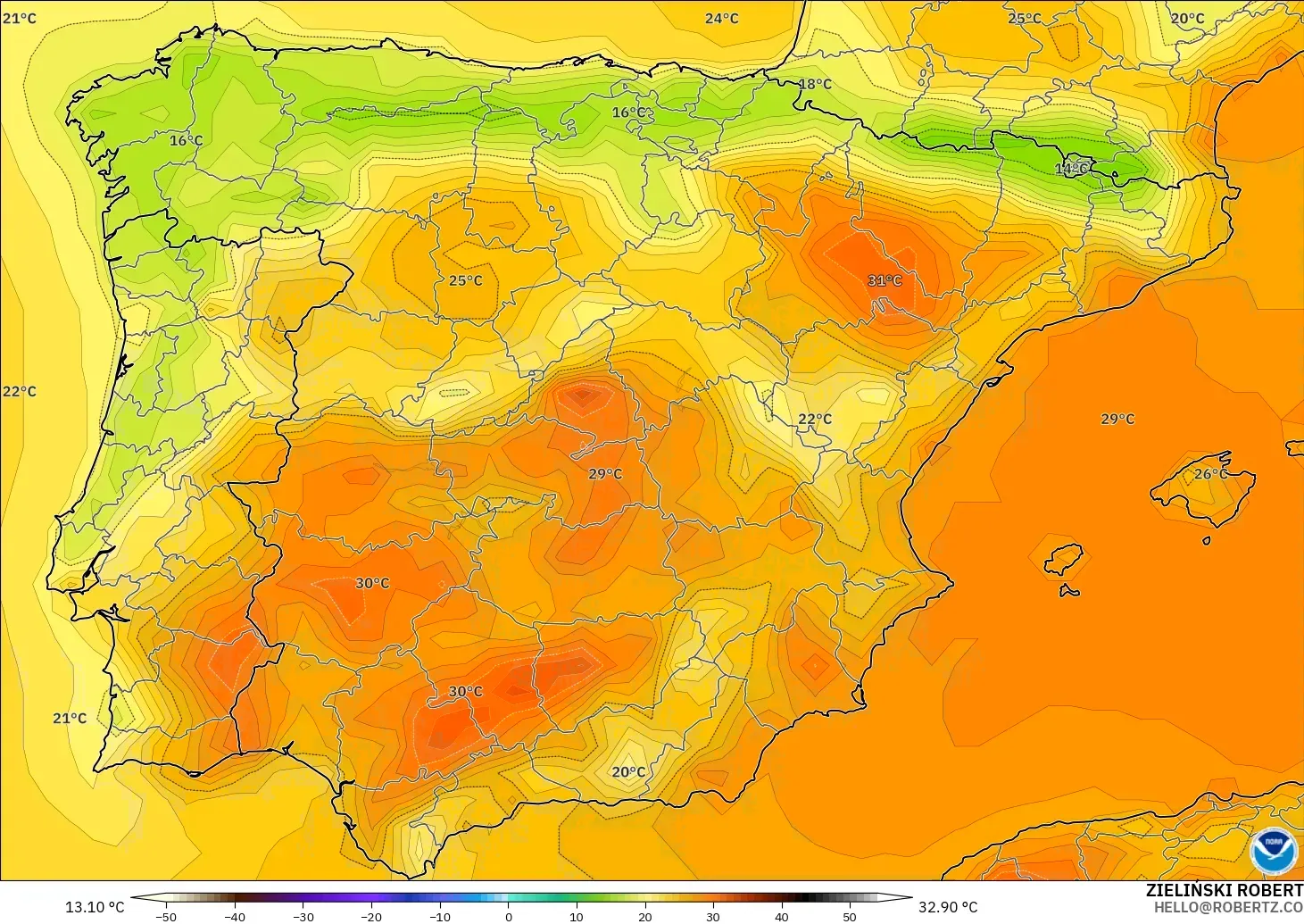 GFS model - Sepanyol, Suhu pada 2 m