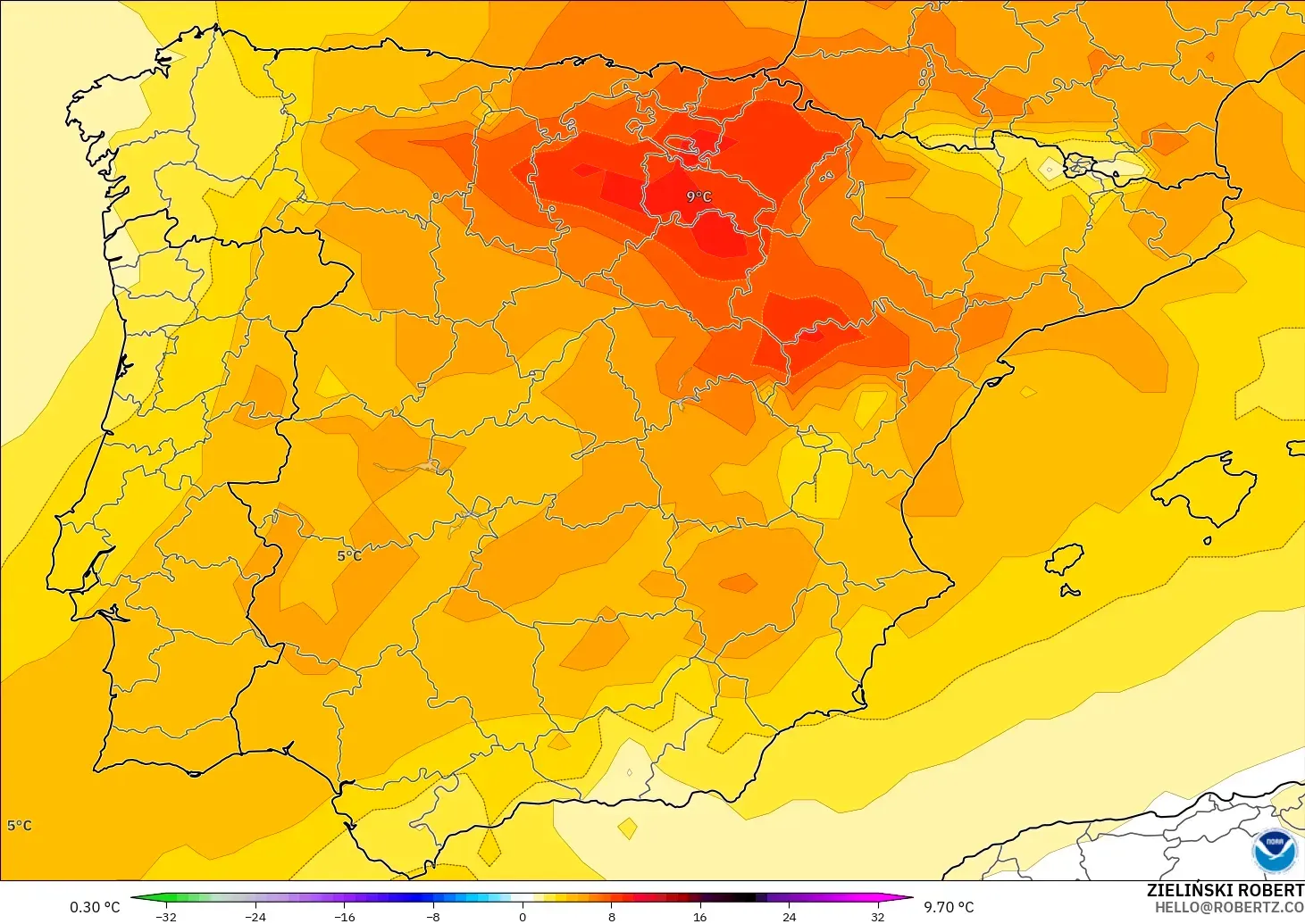 GFS model - Sepanyol, Anomali Suhu 850 hPa