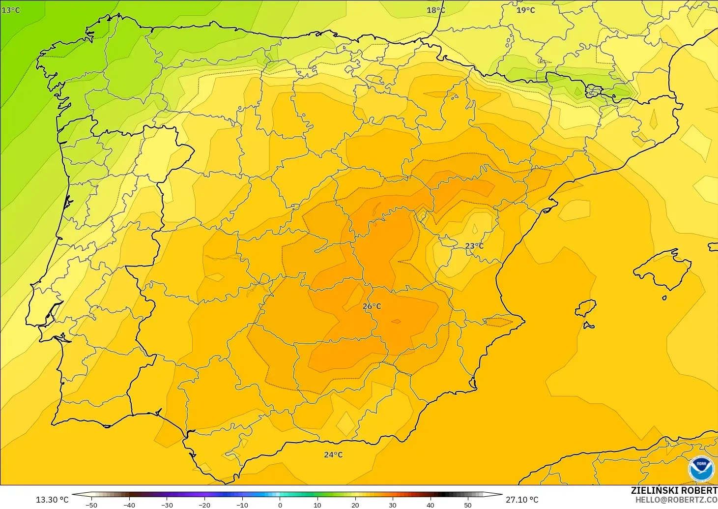 GFS model - Sepanyol, Suhu 850 hPa