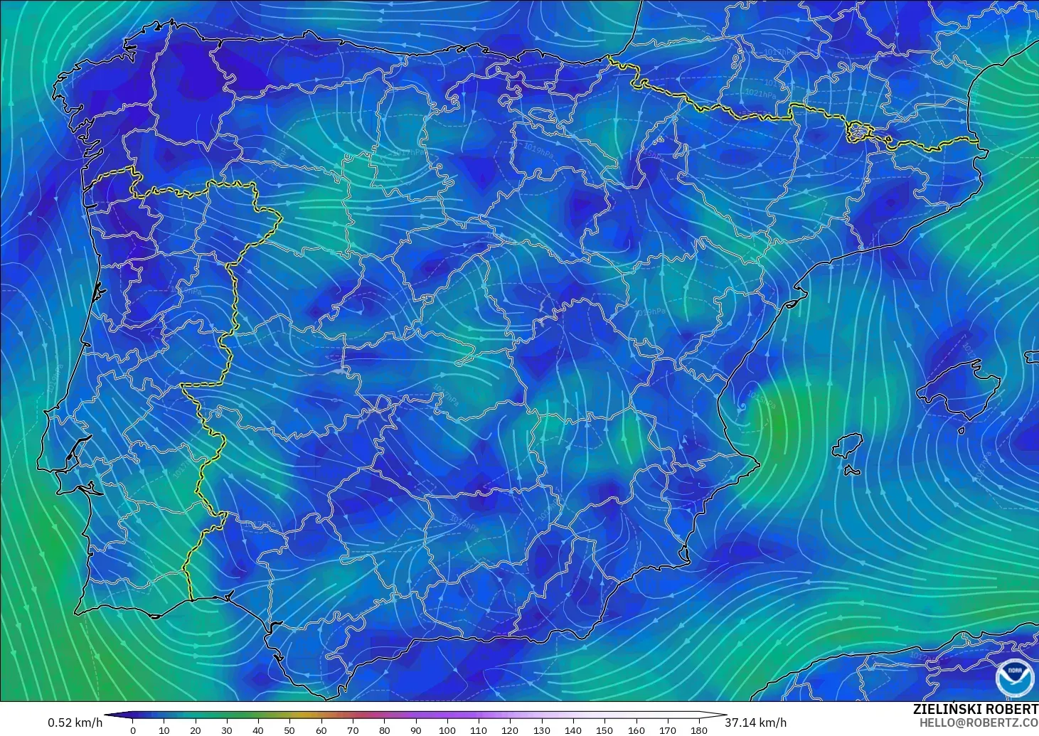 GFS model - Sepanyol, Angin 10 m
