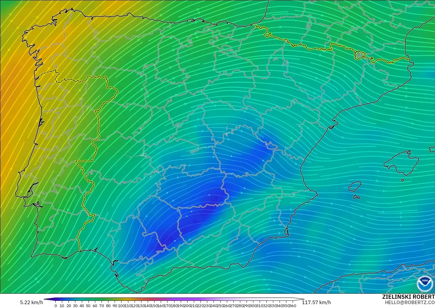 GFS model - Sepanyol, Angin 300 hPa (aliran jet)