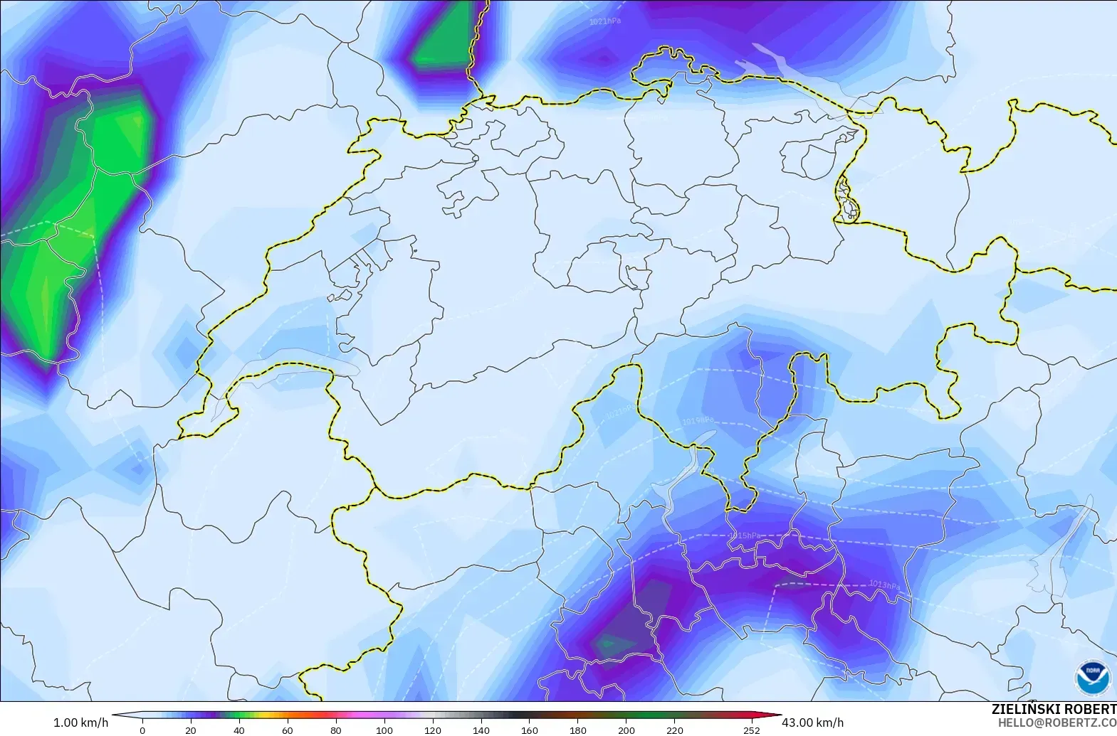 GFS model - Switzerland, Hembusan Tertinggi