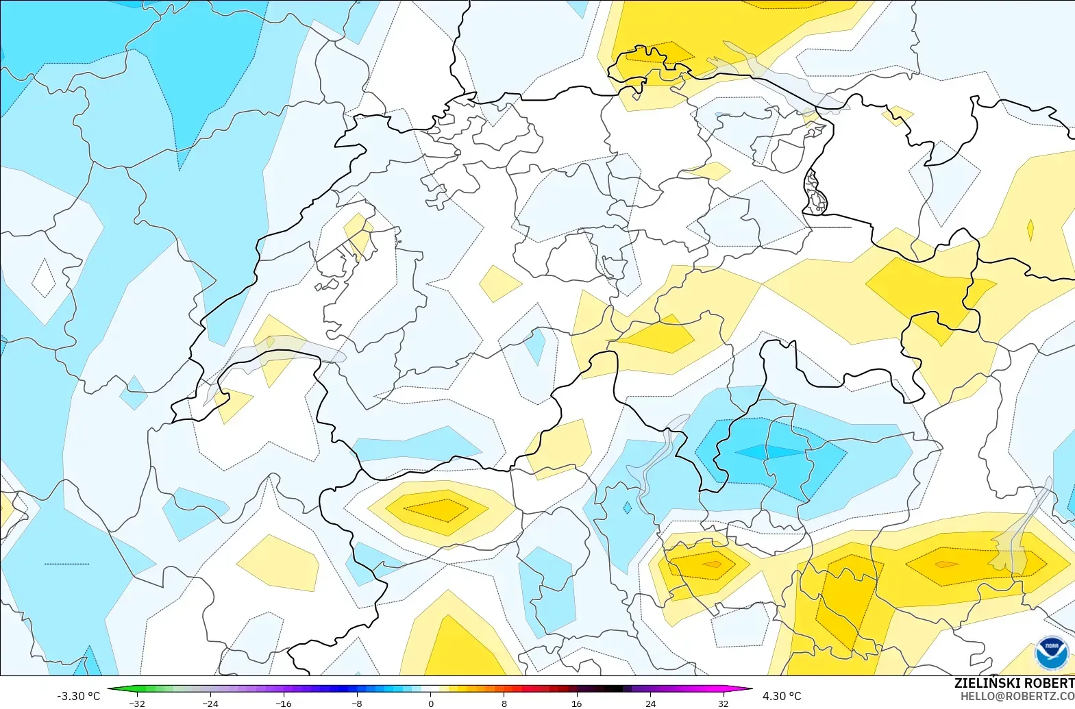 GFS model - Switzerland, Anomali Suhu 2 m