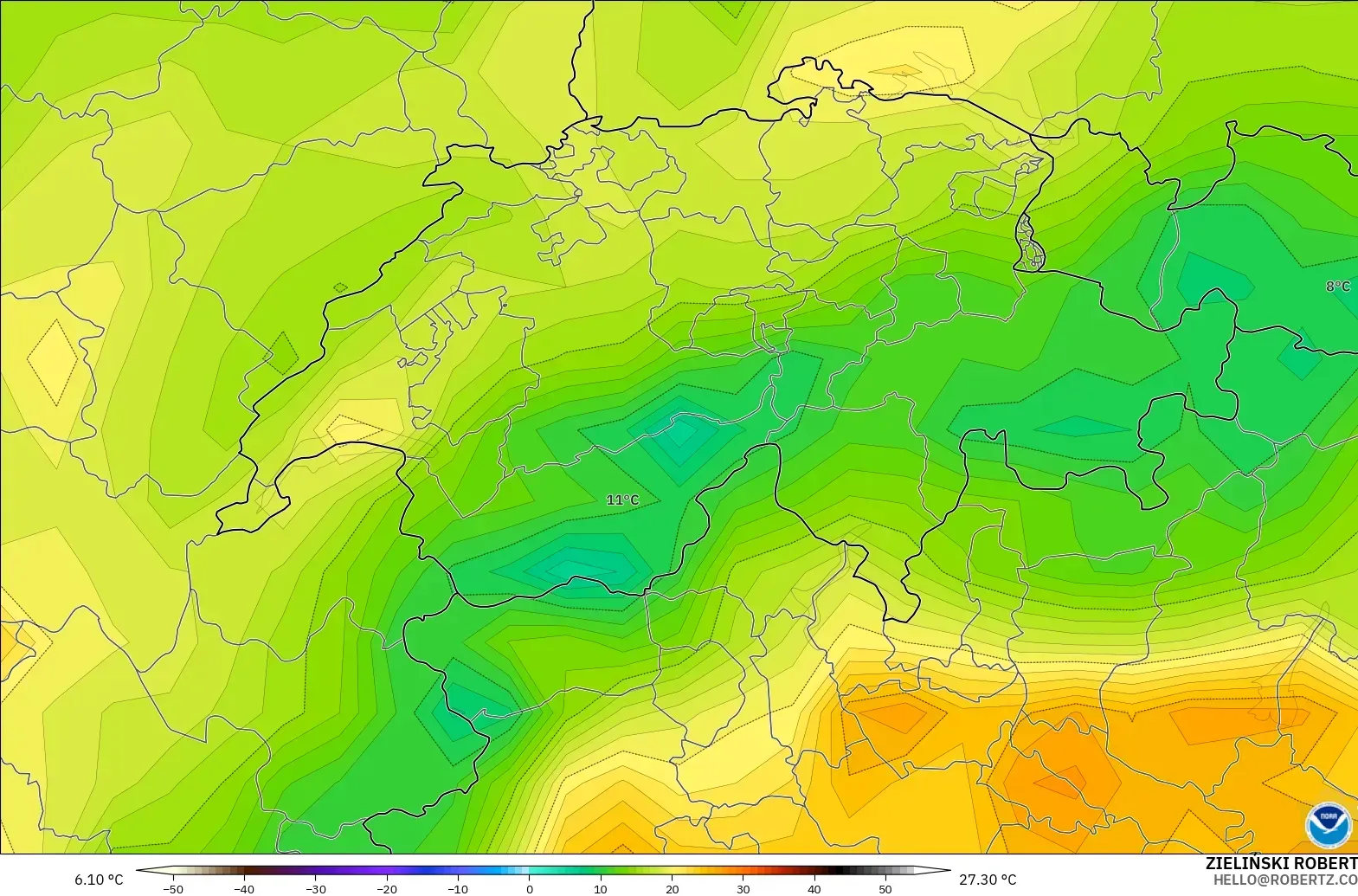 GFS model - Switzerland, Suhu pada 2 m