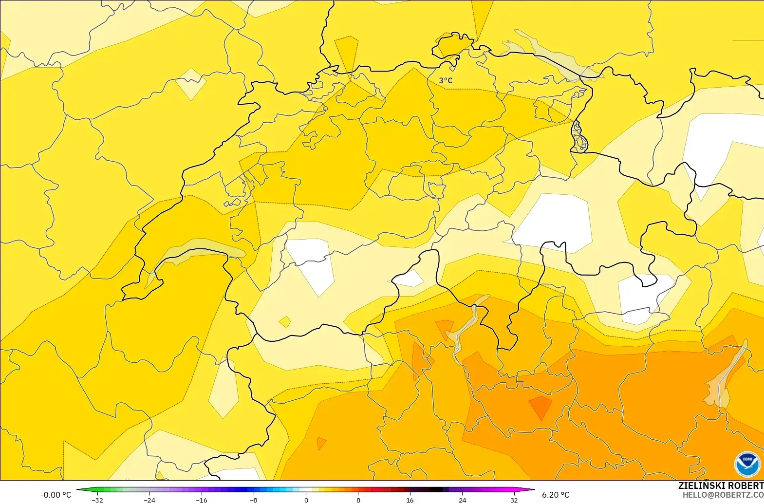 GFS model - Switzerland, Anomali Suhu 850 hPa