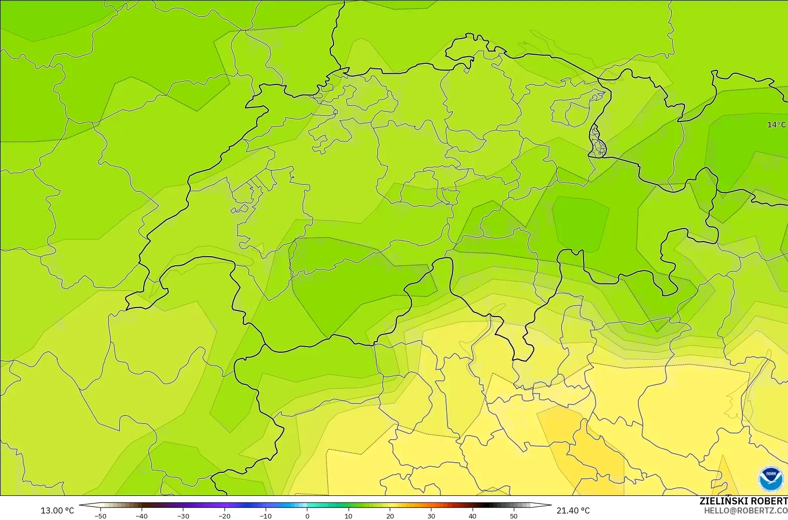 GFS model - Switzerland, Suhu 850 hPa