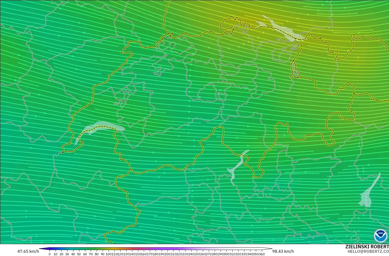 GFS model - Switzerland, Angin 300 hPa (aliran jet)