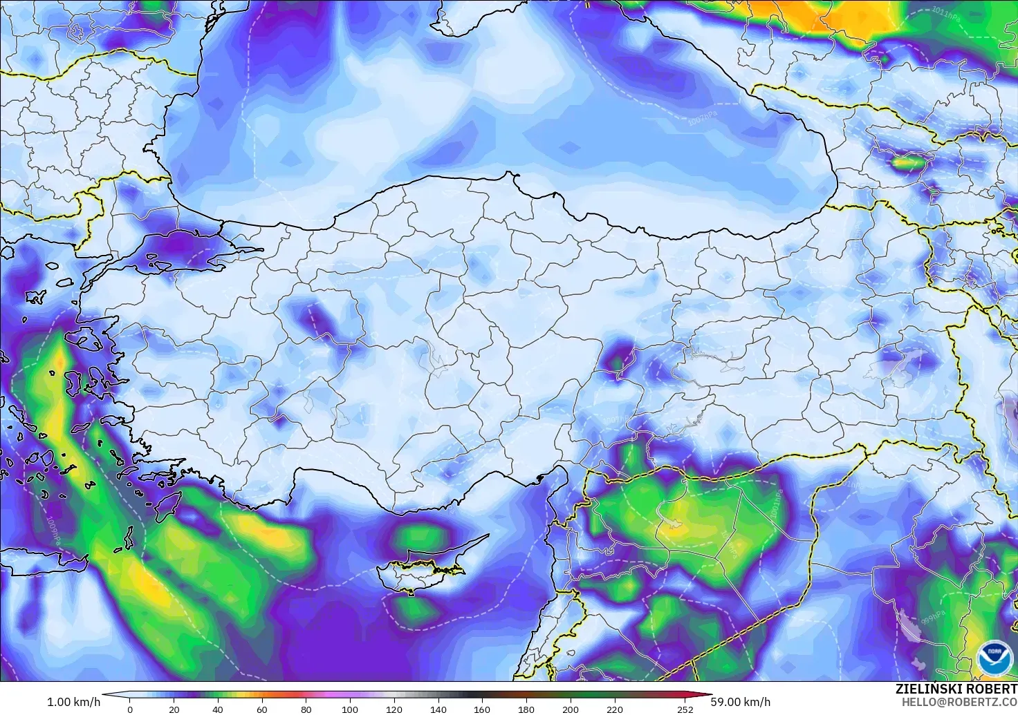 GFS model - Turki, Hembusan Tertinggi